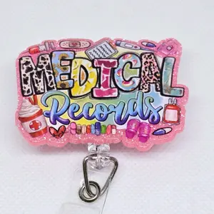 Medical Records Pink Glitter Acrylic Retractable Badge ID Reel Belt or Alligator Clip identification supply id badge hospital worker