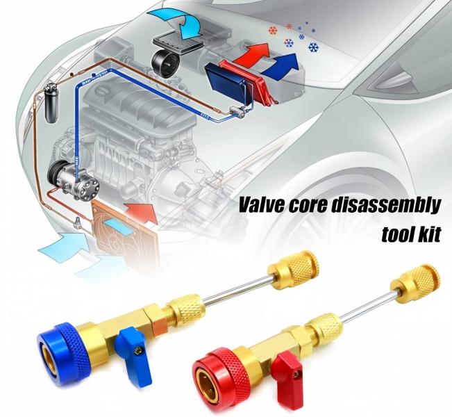 AC Schrader Valve Core Remover Installer Hand Tool Kit with Knurled Grip, R134a Ready HVAC Refrigeration Maintenance Set, Tools for Mechanics, Car Accessories, Compatible with R1234YF/R22 Systems, W/ Spare Valve Cores & Rubber O-Ring Seals