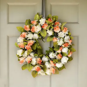 Front Door Artificial Rose Wreath, Gradient Fake Flowers Leaves, Spring Summer Floral Decor, Indoor Outdoor Home Décor