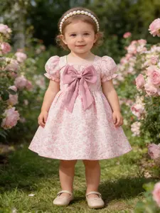 Baby Girl Summer 3D Rose Embroidery Floral Pattern Dress, Square Neck Bubble Sleeve Puff Sleeves High Waist A-Line Skirt, Perfect for Birthday and Daily Wear