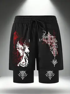 Men's Two-Piece Sport Shorts, Dark Angel Cross Print Gym Pants, Y2K Post-Apocalyptic Training Running Shorts, Casual Loose-Fitting