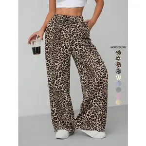 Women's Leopard Print Tie Front Pocket Wide Leg Pants, Casual Comfy Straight Leg Trousers for Daily Wear, Ladies Bottoms for All Seasons, Womenswear Fit Adjustable camo pants women