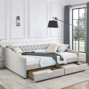 ARCH Queen Size Daybed with Drawers Upholstered Tufted Sofa Bed,,with Button on Back and Copper Nail on Waved Shape Arms, Beige (84.5"x63.5"x26.5")