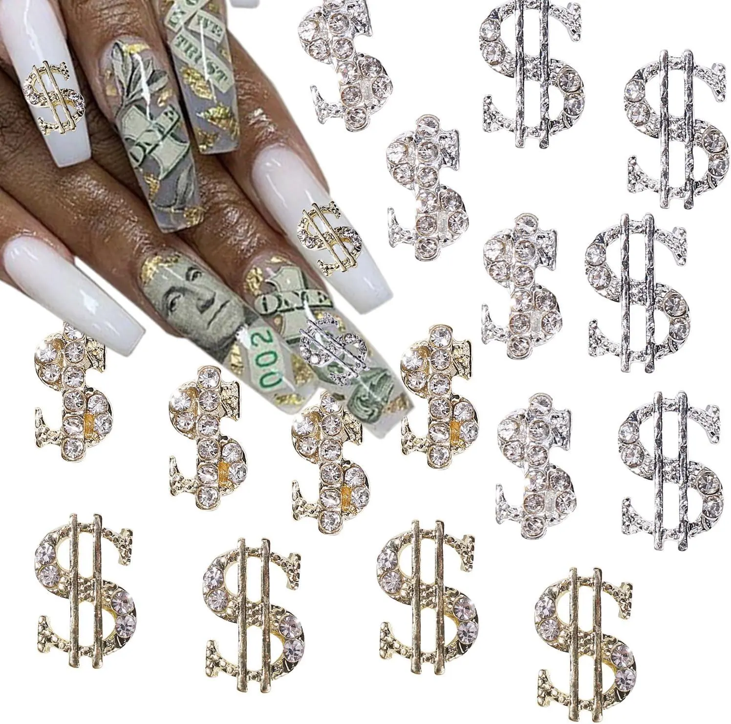 10Pcs Dollar Nail Charms 3D Diamond Silver Gold Nail Rhinestones Charms Alloy Money Nail Design Crystal Gems Decoration Supplies