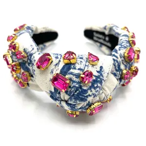 Blue and White Floral Knot Headband Women Hand-Sewn Pink Rhinestone Headbands Custom Large Padded Knot Headband Designer Headband