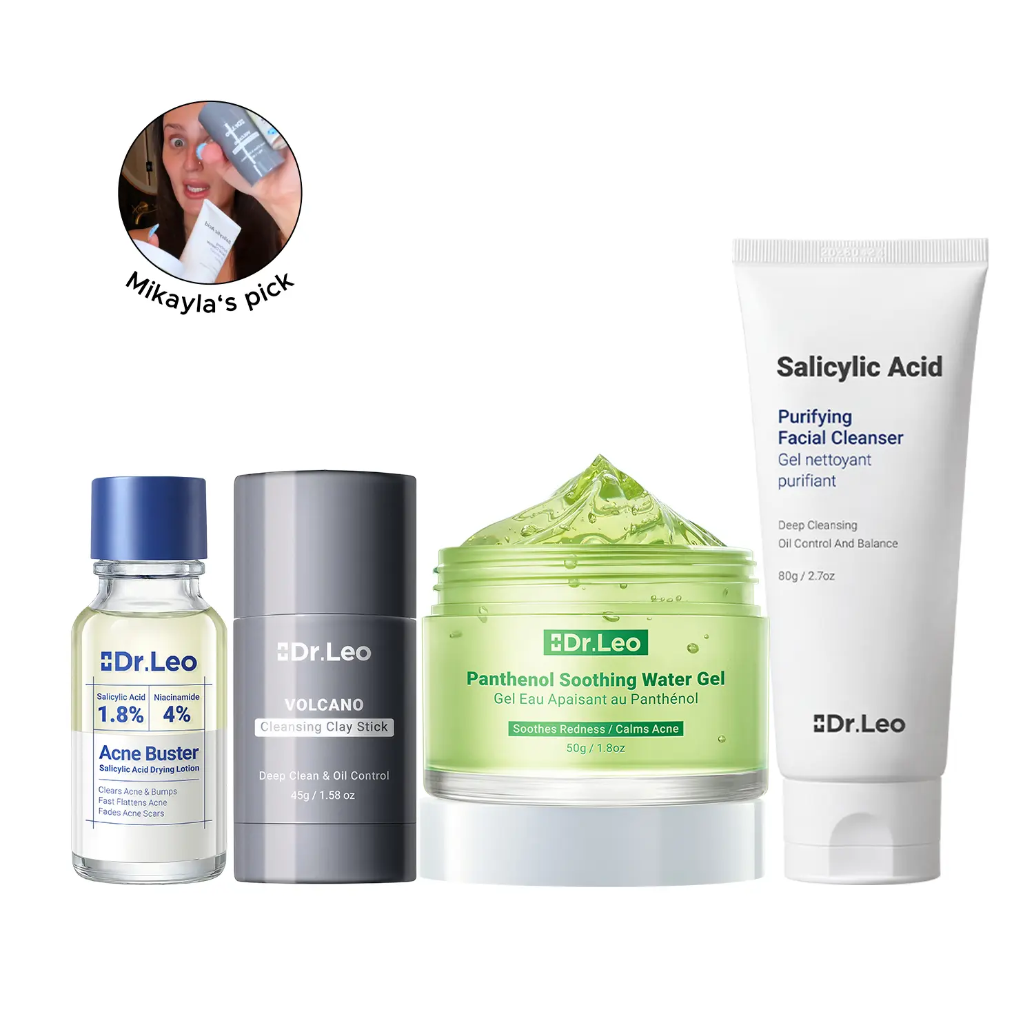 [Mikayla Picks] Dr.Leo 4-Step Acne Relief Kit - Vegan Acne Clearing Products with Salicylic Acid, Charcoal Detox Mask & Lightweight Soothing Moisturizer, Facial