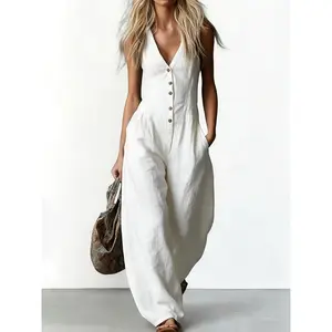 Elegant Summer Linen Feel Wide Leg Jumpsuit |     Casual V Neck Sleeveless Romper for Work & Travel |     2026 Spring Fashion Outfit