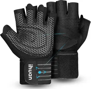 Ihuan Ventilated Weight Lifting Gym Workout Gloves with Wrist Wrap Support for Men & Women Full Palm Protection for Weightlifting Training Fitness Hanging Pull ups