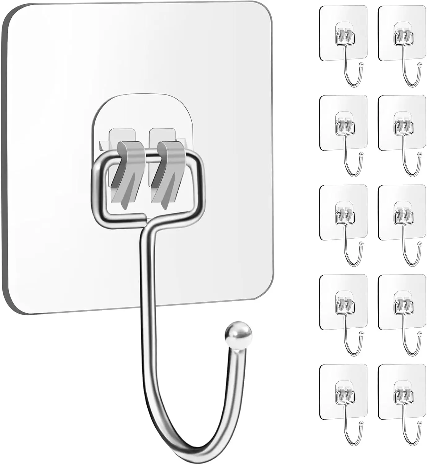 10 Packs Large Wall Hooks for Hanging Heavy Duty 33lb(Max),  Transparent Adhesive Wall Hooks Wall Hangers Without Nails Sticky Hooks for Bathroom Shower Kitchen Door Utility Hooks Hanger
