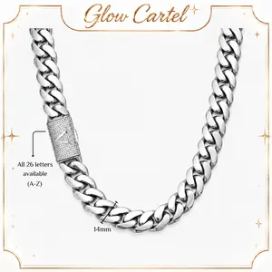 Heavy 14MM Silver Stainless Steel Cuban Link Necklace with A-Z Initial Clasp and Iced Cubic Zirconia Details, Inspired by Hip Hop Gothic and Street Fashion - Men's Accessories, Beach Essentials, Chains for Men,Perfect for  cruel         lulu seek necklace