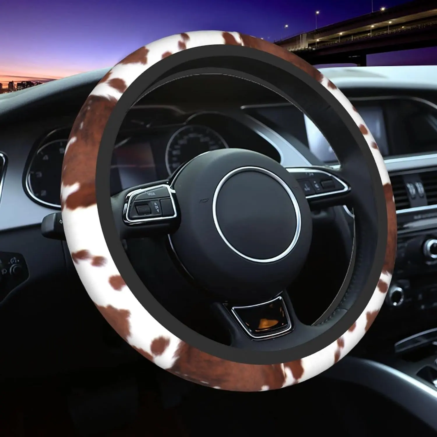 Western Cow Print Steering Wheel Cover Universal 15 Inch Brown Cowhide Animal Skin Steering Wheel Protector Covers Anti-Slip Neoprene Auto Car Accessories for Girls Women Men