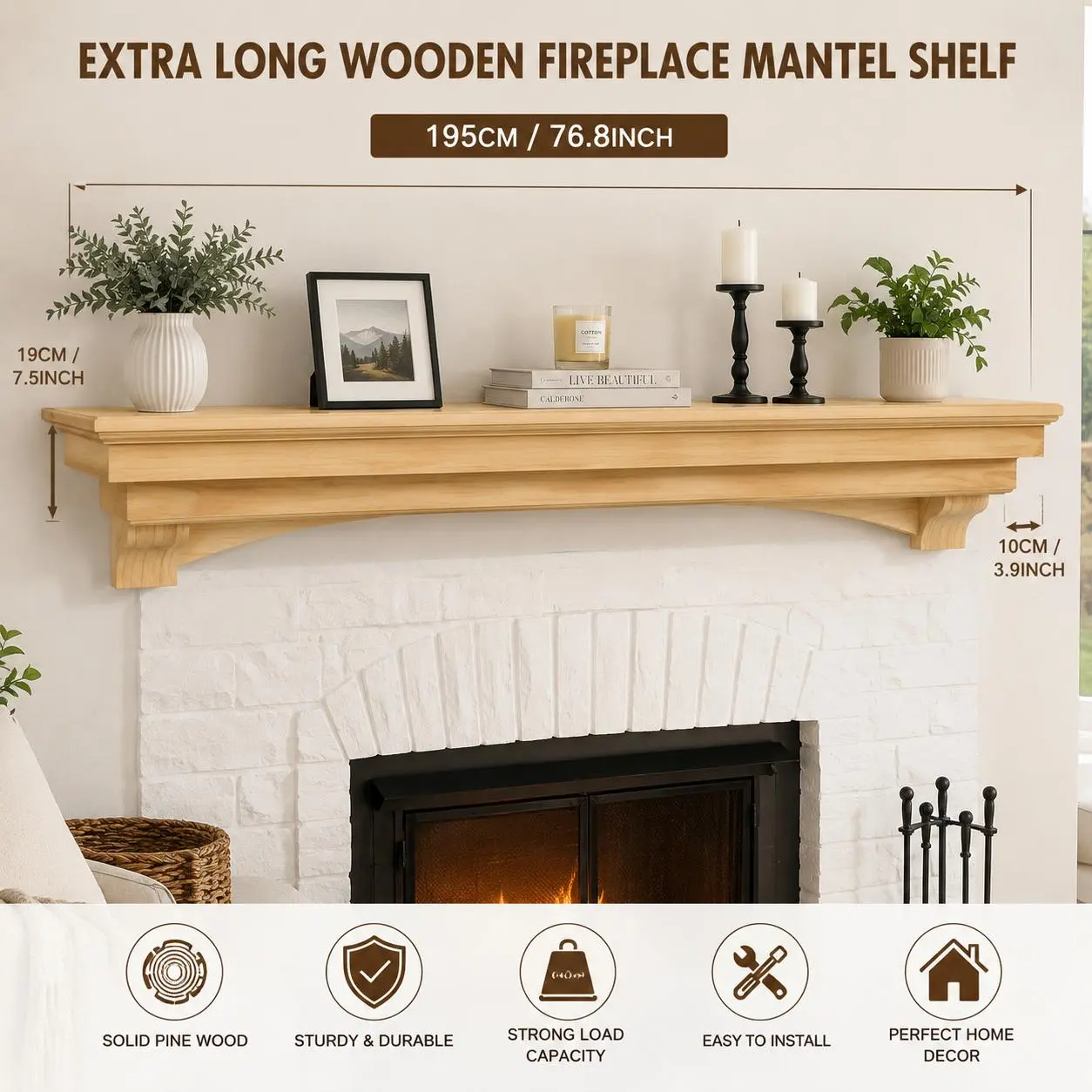 Floating Fireplace Mantel Shelf, Solid Wood Wall Mounted Mantel for Living Room, Rustic Fireplace Decor Shelf