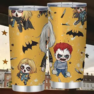 Sinister Clown Gang Tumbler - 20oz Insulated Mug with Pennywise-Inspired Horror Crew Artwork, Blood Splatter Background for True Horror Fans