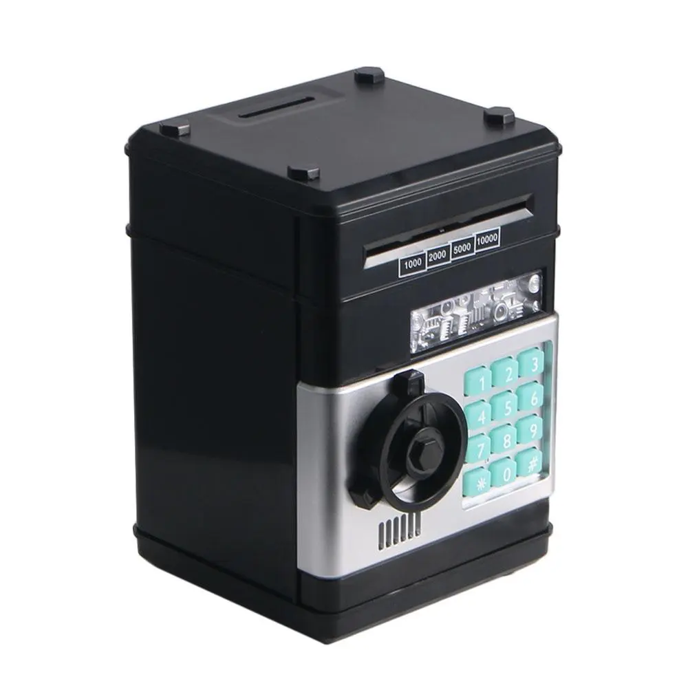 Kids' ATM Piggy Bank - High-Capacity ABS Electronic Mini Safe with Code Lock, Automatic Coin-Rolling Cash Box, Silent Mode, Home Decor, Ideal Black Birthday Gift for Boys (3 AAA Batteries Not Included)