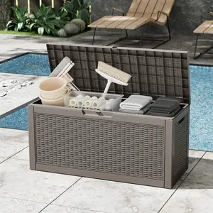RIWENGO 60 Gallon Deck Box, Large Outdoor Storage Box for Patio Furniture, Cushions, Garden Tools, Sports Equipment & Pool Supplies – Waterproof, Resin, Lockable
