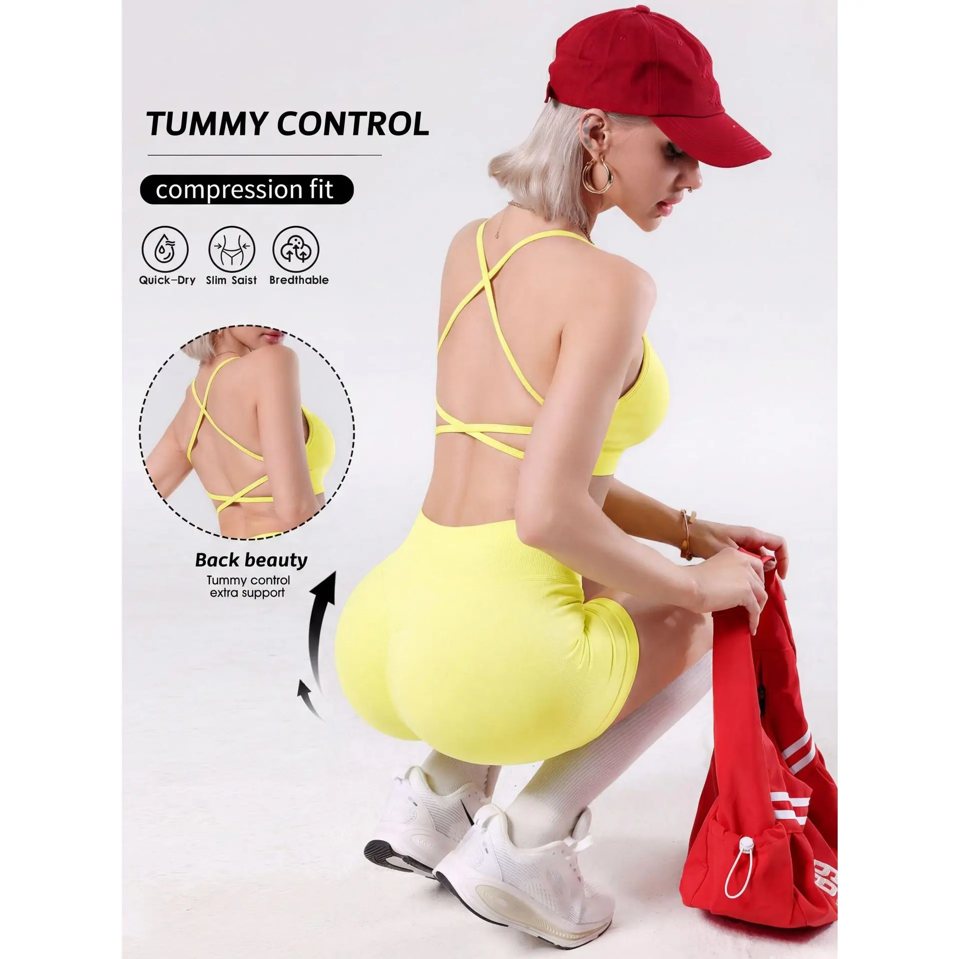 Women's 2-Piece Sporty Sports Underwear Set, Cross-Suspender Beauty Back Yoga Bra, High-Waist Belly & Hip-Lift Fitness Biker Shorts for Yoga, Fitness Women's 2-Piece Sporty Sports Underwear Set, Cross-Suspender Beauty Back Yoga Bra, High-Waist Belly & Hip-Lift Fitness Biker Shorts for Yoga, Fitness