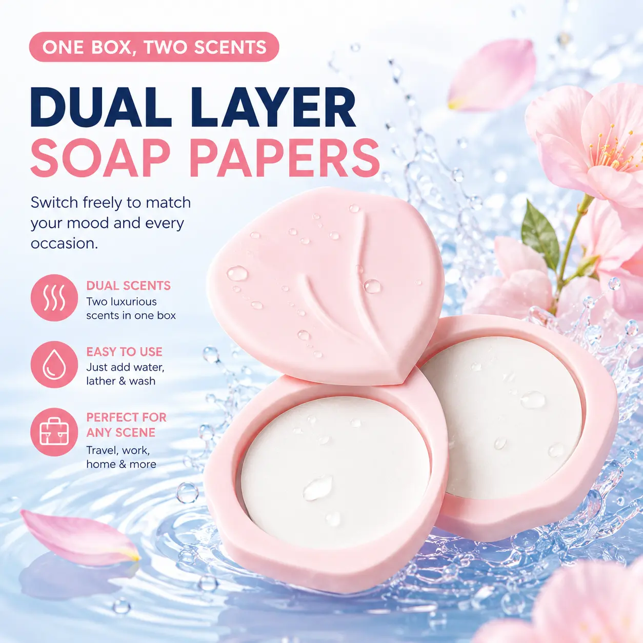 Dual-scented - Portable disposable soap dispenser - Includes 90 soap sheets - Outdoor portable - Hanging packaging decoration