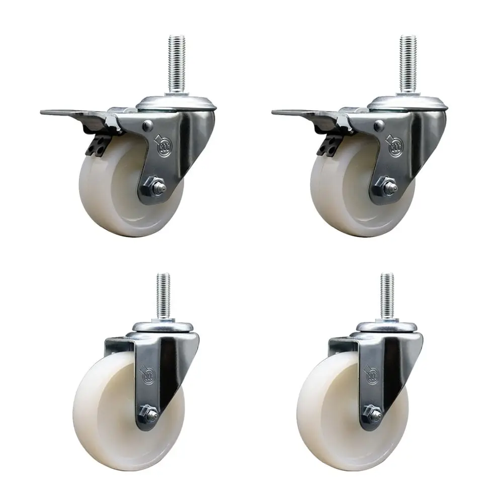 212 MAIN Heavy Duty Threaded Stem Mount Casters (Set of 4, Model SCC-TSTTL20S414-NYS-34212-2-S-2) - 4x1.25in Nylon Swivel Wheels, 0.75in Stems, Chemical Res., 2 Total Lock Brakes, for Carts/Equipment Light-Medium Duty Material Handling