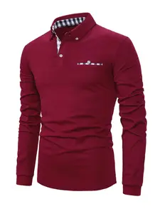 Men's Long Sleeve Polo Shirt with Checkered Collar, Contrast Pocket Design, Plain, Fitted Casual Classic Business Wear for All Seasons Tops