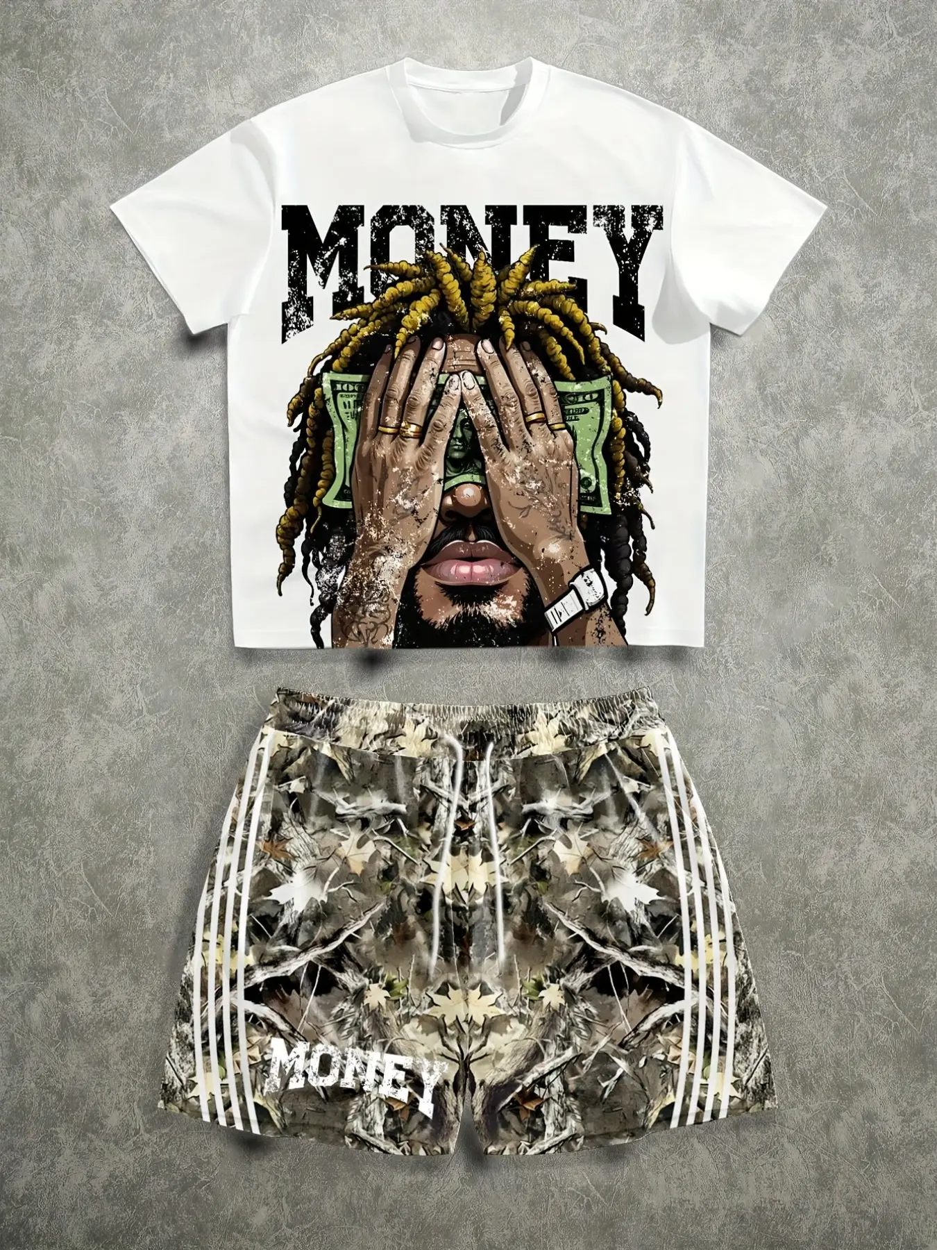 Summer Men's Street Style Money Portrait Print Short Sleeve Set, Breathable Comfort Sport Casual T-Shirt and Shorts Two-Piece Set