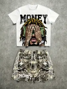 Summer Men's Street Style Money Portrait Print Short Sleeve Set, Breathable Comfort Sport Casual T-Shirt and Shorts Two-Piece Set