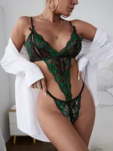 Women's Emerald Lace Embroidery Deep V Sexy Lingerie Set, Perfect for Parties, Exotic Vacations, and Seductive Nights