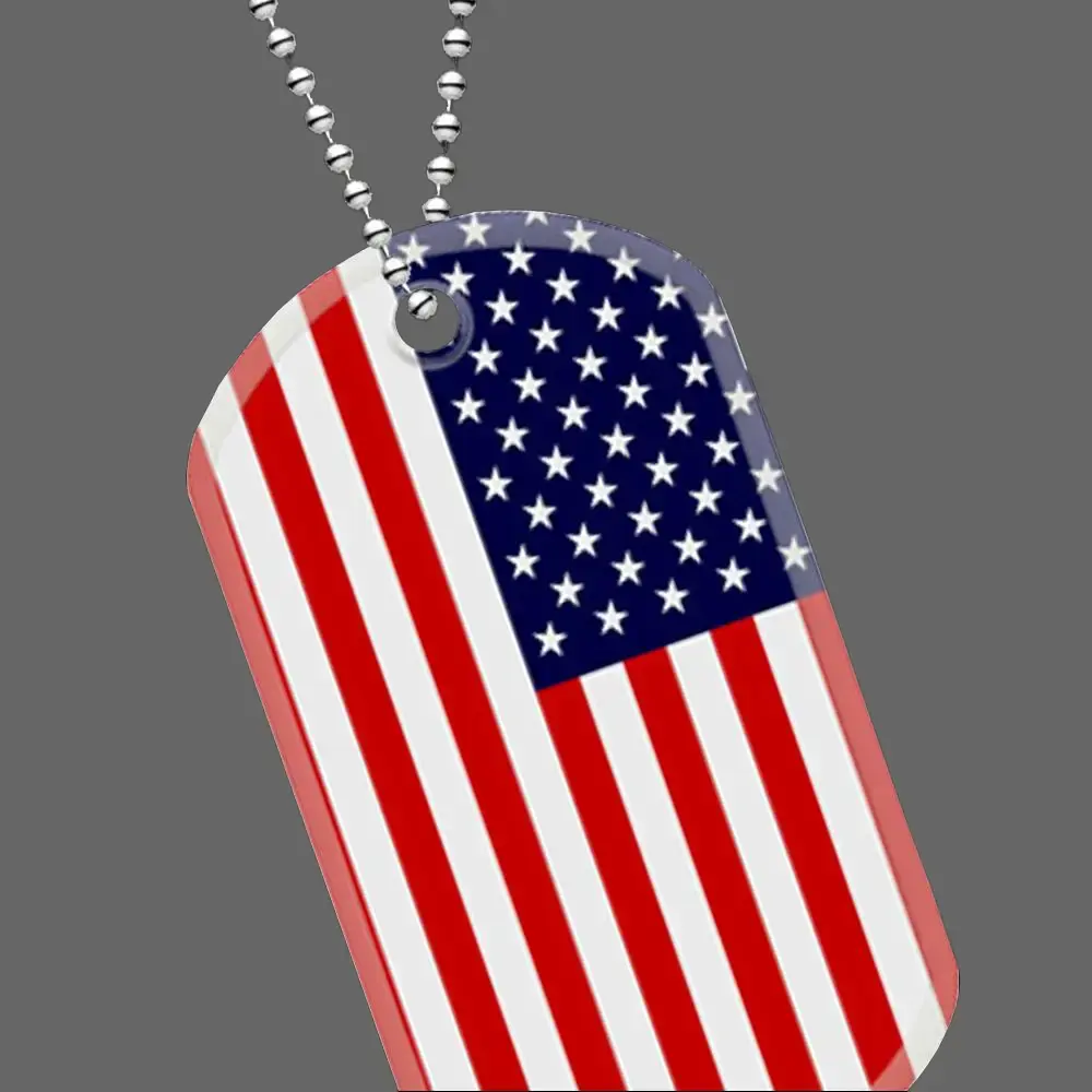Genuine Stainless Steel Dog Tag with American Flag Print and Ball Chain Necklace - Military Standard Dimensions 2" x 1-1/8"