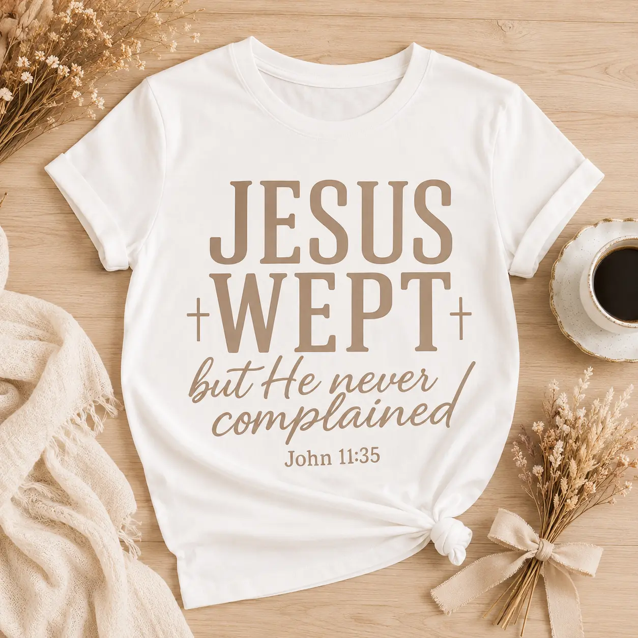 " Wept But He Never Complained DTF Heat Transfer |   Christian Quote Iron-On 7In/8.5In/10In |   Black, White & Beige Washable Durable Design for T-Shirts, Hoodies & Bags |   Trendy Faith Gift Print