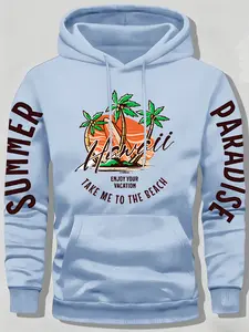 Hawaiian Palm Tree Print Hoodie, Unisex Casual Fitted Top, American Vacation Style, Loose Fit, Fall & Winter Fashion
