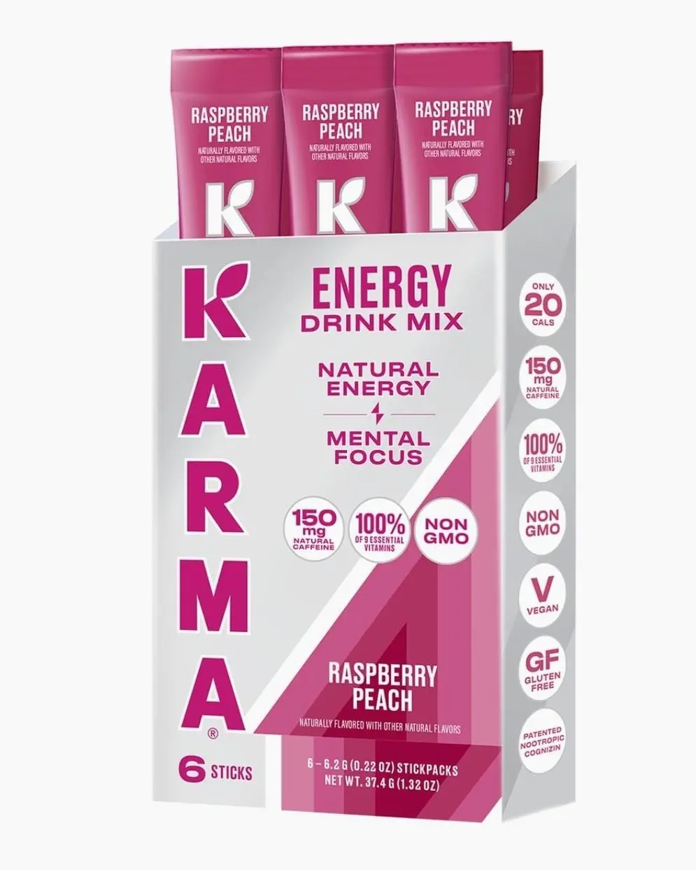 Karma Energy Hydration Packets – 6 Pack, Raspberry Peach Drink Mix with Cognizin® Nootropics, Vitamins & Immune Support, Low Calorie