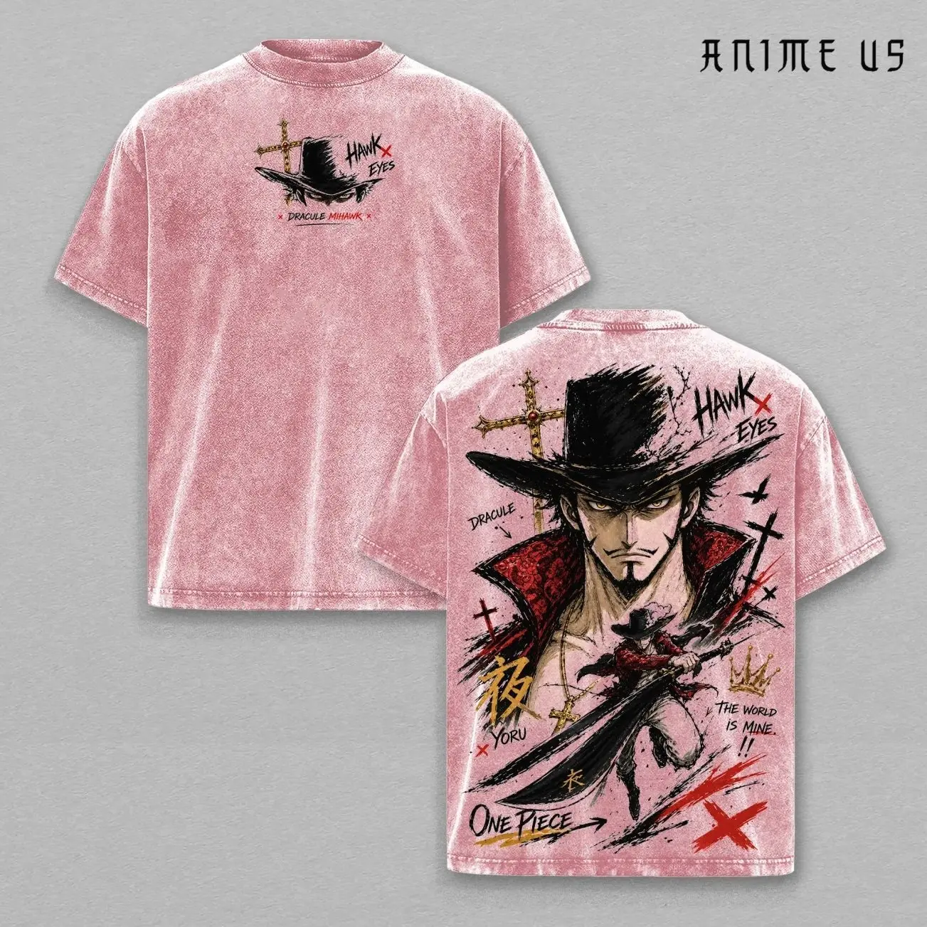 Dracule Mihawk One Piece Vintage Washed Tee Hawk Eyes Anime Shirt Yoru Sword Manga Graphic Oversized Unisex HFO