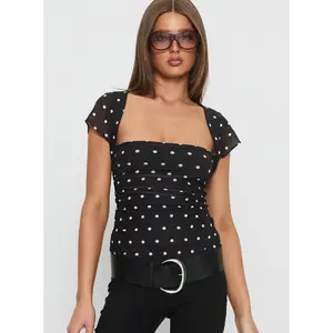Attraction Cap Sleeve Mesh Top Black Polka