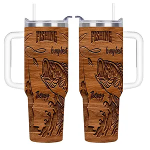 Wood Grain Fishing Pattern Tumbler, 2 Counts/set 40oz/1100ML Double Wall Vacuum Insulated Stainless Steel Novelty Cup, Vacuum Insulated Flask, Gifts for Men Grandpa, Thermos Cup, Drinkware
