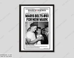 1961 New York Yankees Roger Maris Record "#61 FOR NEW MARK" Unframed Newspaper Print