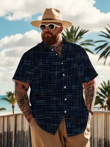Large Size Men's Deep Sea Blue Plaid Shirt, Summer Loose Comfortable Breathable Shirt, Plus Size Business Casual Versatile Top