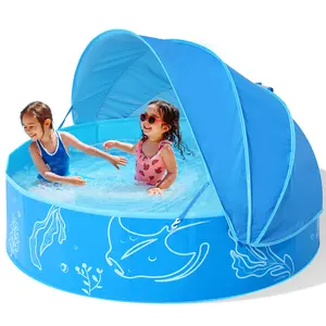 Hikiddy Foldable Kiddie Pool with Canopy: 47in Baby Pool and Beach Tent for Toddlers Infants 6-12 Months and Kids boy girl 2-4 Years Old - Portable Water Play with Shade for Outdoor Backyard Beach Swimming Fun