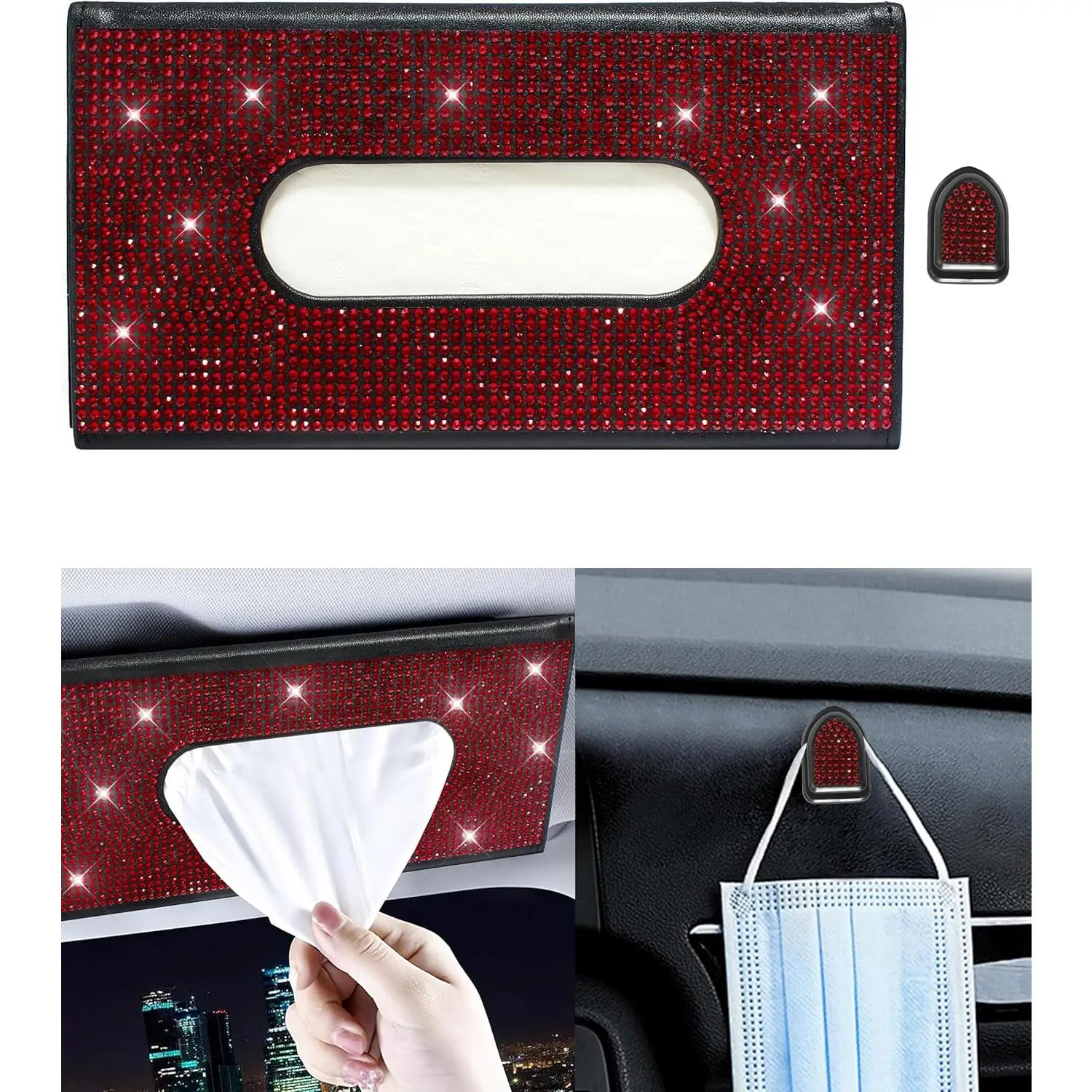 Women's Bling Car Sun Visor Tissue Box Holder - PU Leather, Crystal Rhinestone Accents, Car Interior Stowing & Tidying Accessory, Car Accessories Women