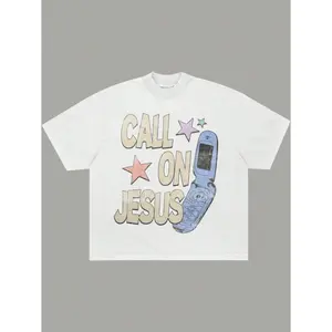 Women's Call On Jesus with flip phone Graphic T-Shirt - Short Sleeve Crew Neck Regular Fit Casual Wear | Soft & Breathable Fabric, Durable Print, Everyday Comfort, Machine Washable, retro vintage casual fashion