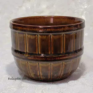 Brown Drip Glaze Ceramic Planter Barrel Pot Rustic Boho Ribbed w/ Drain Hole