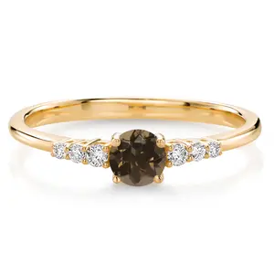 Gem Stone King 10K Yellow Gold Brown Smoky Quartz and White Lab Grown Diamond Engagement Ring For Women (0.35 Cttw, Round 4MM, Gemstone)