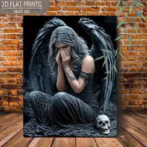 2D Flat, 2D Flat 1 Piece Wooden Frame Canvas Oil Painting Dark Angel Big Black Wings Long Gray Hair Sitting Beside Skull Crying Art Print Bedroom Home Decoration Mysterious Style with Frame Hanging Painting Poster Picture, Vintage Room Decor