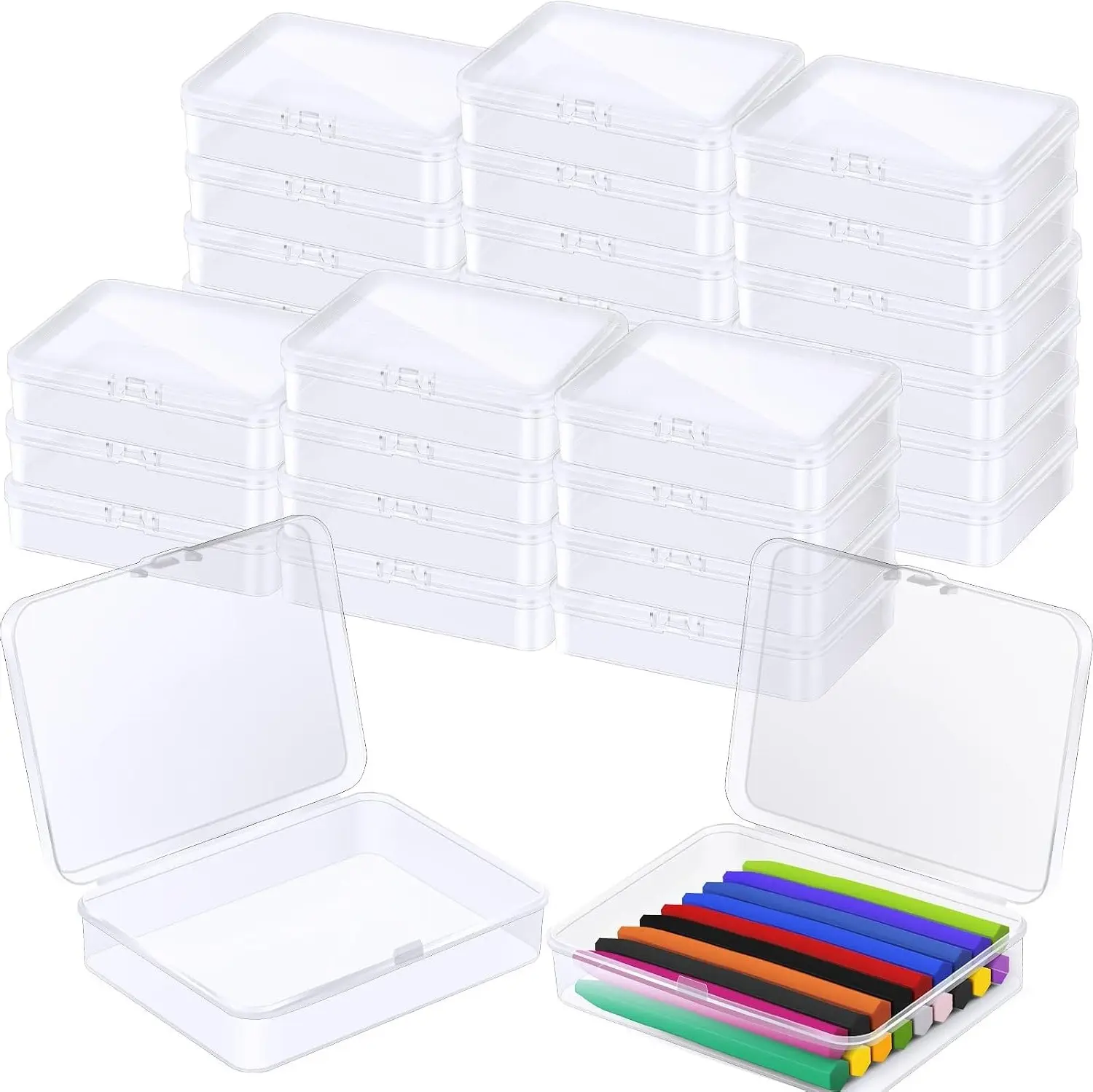 30 Pcs Clear Plastic Crayon Boxes with Hinged Lids, Holds 24 Crayons Each, Stackable Organizer Storage Cases for Art Supplies, School Classroom, Crafts
