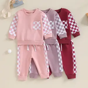 Toddler Baby Girls Boys Fall Outfits Checkerboard Print Patchwork Long Sleeve Crew Neck Sweatshirts Long Pants 2Pcs Clothes Set