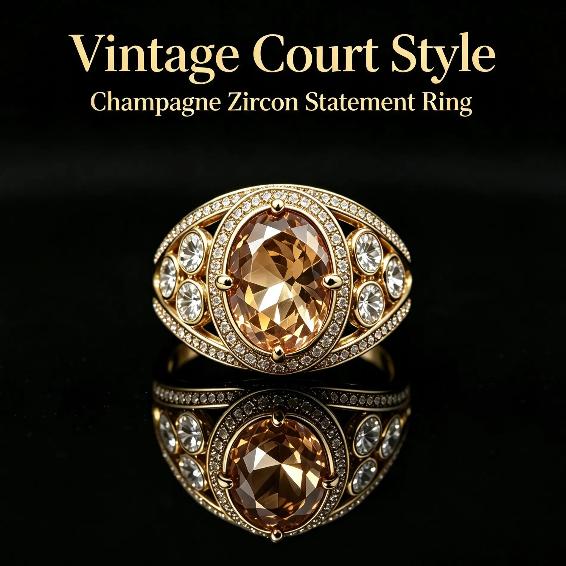 Vintage Court-Style Champagne-Colored Unisex Ring: Lightly Luxurious, Intricately Crafted with a Large Oval Synthetic Zirconia Center Stone and Openwork Diamond-Set Band—A Sophisticated Accessory for Banquets and Parties, Suitable for Both Men and Women