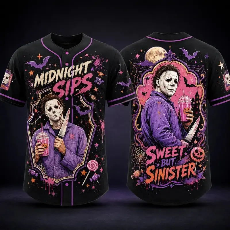 Men’s Midnight Mask Baseball Jersey with Purple Halloween Graphic Style Made in USA