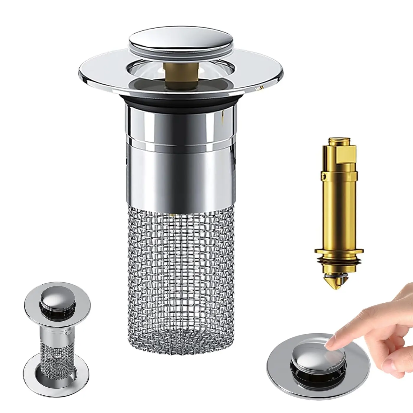 Bouncing Core & Brass Pop-Up Drain Plug for Bathtub, Stainless Steel Modern Anti-Odor Bathroom Sink Stopper with Hair Catcher and Removable Filter Basket for Easy Cleaning, Universal Home Goods