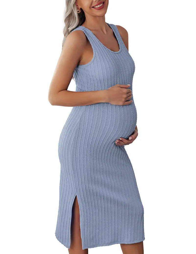 Ekouaer Women's Maternity Dress Rib Knit Sleeveless Tank Side Slit Bodycon Dresses Pregnancy Clothes S-XXL