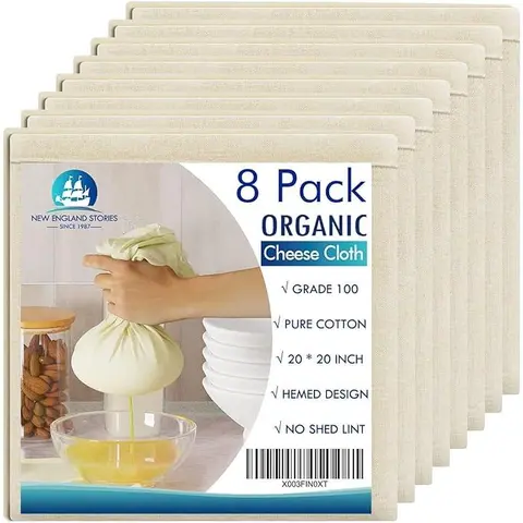 New England Stories 100% Unbleached Organic Cotton Hemmed Fine Mesh Food Strainer Cheese Cloth - 20x20in Square, Tear-Resistant, Easy-to-Wash Kitchen Sieve, Kitchen Cooking Accessories, Utensils, Household Supplies