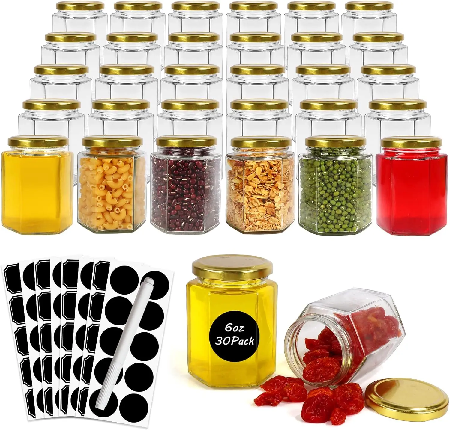 30 Pack 6oz Hexagon Glass Jars with Gold Lids, 180ml Clear Glass Canning Jars Honey Jars Spice Jars Mason Jars for Jams, Shower Favors, Wedding Favors, Craft, 1 Pen and Labels Included