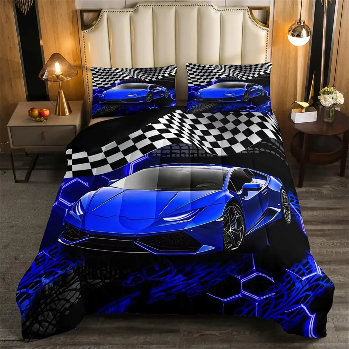 Feelyou Breathable Microfiber Soft Bed Set - Geometric Honeycomb Quilted Comforter, Racing Car Sport-Themed Duvet, Machine Washable Comfy Themed Design Bedding for Bedroom Decor with Breathable Fabric, Racing Cars